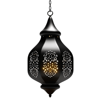 Elegant Black Metal Hanging Lantern with Intricate Cutout Design and Warm Light png