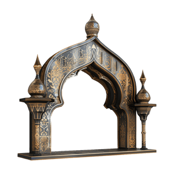 Ornate Black and Gold Islamic Archway with Intricate Carvings and Domes png