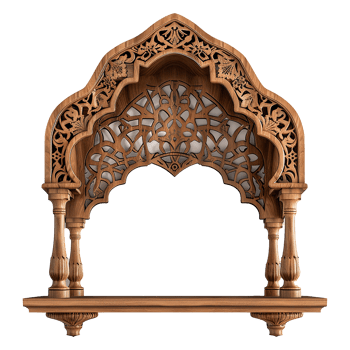 Intricate Wooden Archway with Carved Pillars and Floral Designs A Stunning Piece of Architectural Craftsmanship png