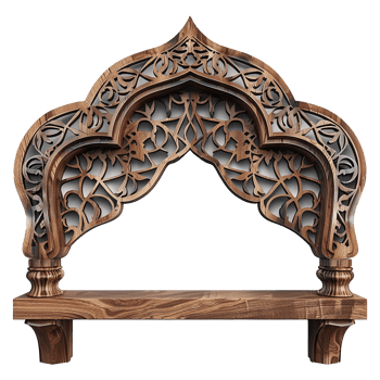 Intricate Wooden Shelf with Ornate Arch Design, Elegant Craftsmanship, Brown Wood, Decorative Element, Home Decor, Architectural Detail, Vintage Style, Hand Carved, Unique Piece, Stylish Accessory png