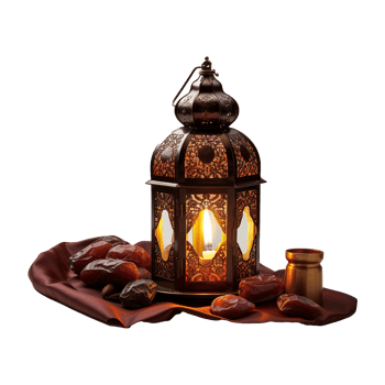 Ornate Metal Lantern with Dates and Candle for Ramadan png