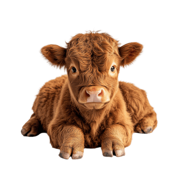 Adorable Highland Calf Resting in Pasture on transparent background. png