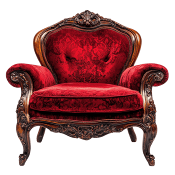 Vintage Wooden Chair with Red Fabric on transparent background. png