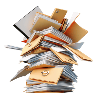 Towering Pile of Disorganized Paperwork, Folders, Scattered Documents png