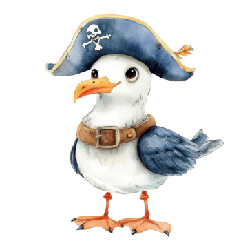 Cute Watercolor Pirate Seagull Nursery Art on transparent background. png