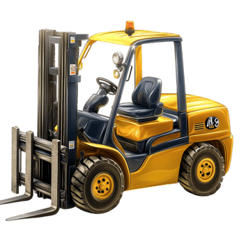 Animated Worker Driving a Bright Yellow Forklift Machinees png