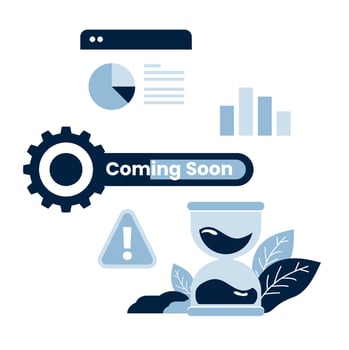 Business Update Icon Gear, charts, and Coming Soon tag, representing progress and future announcements. Ideal for website updates, business development vector