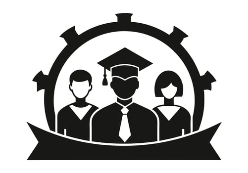 Silhouette graphic of three female graduates wearing graduation caps and gowns. vector