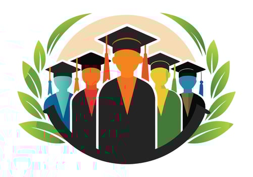 Silhouette illustration of four diverse graduates wearing graduation caps and gowns. vector