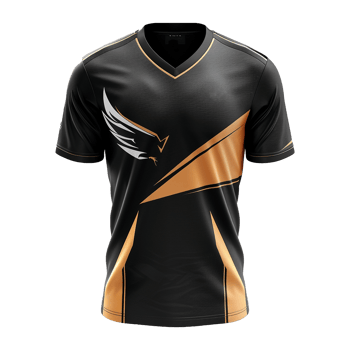 Black and Gold Esports Jersey with Eagle Wing Design A Stunning Sublimated Gaming Shirt png