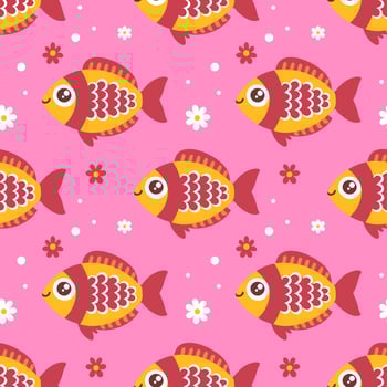 Seamless pattern with fishes with flowers on pink background. Surface design for textile, fabric. vector