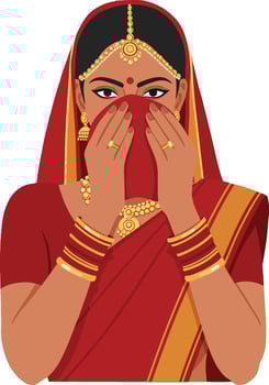 Elegant Indian woman in traditional red sari adorned with jewelry in flat art style, showcasing cultural beauty and grace in a vibrant portrayal vector
