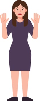A woman in a purple dress with raised hands expressing concern in a flat illustration depicting an emotional moment in a minimalist style vector