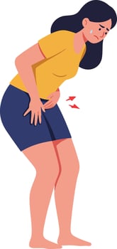 Woman experiencing discomfort while holding her stomach in a flat and minimal design illustration vector