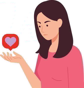 A thoughtful woman in a pink shirt holding a red heart-shaped speech bubble in a minimal illustration vector