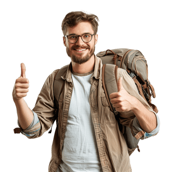 Happy Male Traveler with Backpack Giving Thumbs Up png