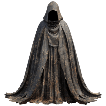 Mysterious Figure in a Dark and Distressed Hooded Cloak Rendered in 3D png