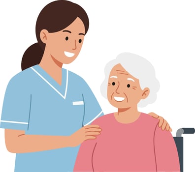Caring nurse assisting an elderly woman in a wheelchair, showcasing compassion and professionalism in a flat illustration vector