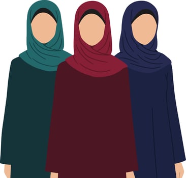 Three women wearing colorful hijabs in a minimalistic flat design showcasing unity and diversity in art vector