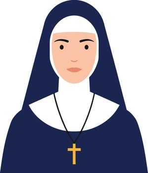 Nun wearing a traditional habit with a cross necklace in a flat, minimal design illustration vector