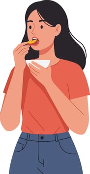 Young woman enjoying a snack while standing with a cheerful expression in a flat and colorful illustration vector