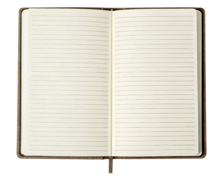 Open a notebook with blank lined pages for writing notes on a transparent background png
