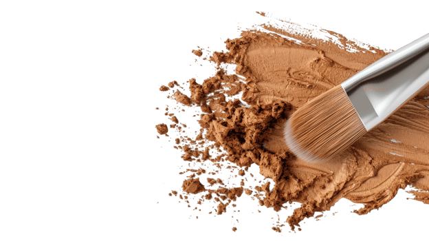 Artistic Cosmetic Brush with Brown Makeup Smudge and Powder Spread on Black Background for Beauty and Fashion Concepts png