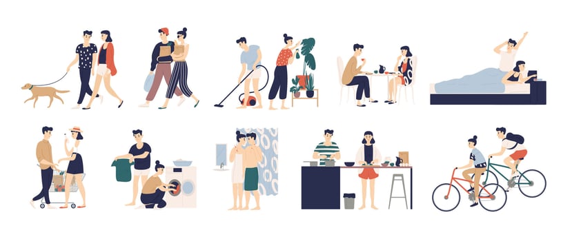 Collection of daily life or everyday routine scenes of young romantic couple. Pair of boy and girl walking dog, cleaning up house, cooking food, washing clothes, buying food. Flat illustration. vector