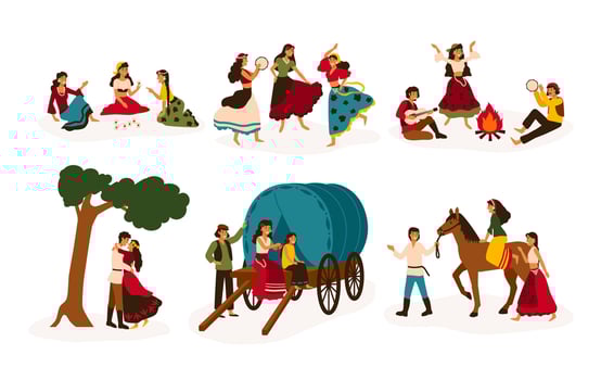 Set of lifestyle scenes with gypsies or Romani people performing various activities - riding horse, playing guitar and dancing, sitting on traditional wagon, telling future. Flat illustration vector