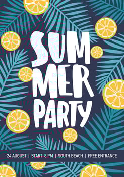 Flyer or poster template decorated with citrus slices and tropical foliage for summer party announcement. Colorful illustration in flat cartoon style for seasonal dance event advertisement. vector