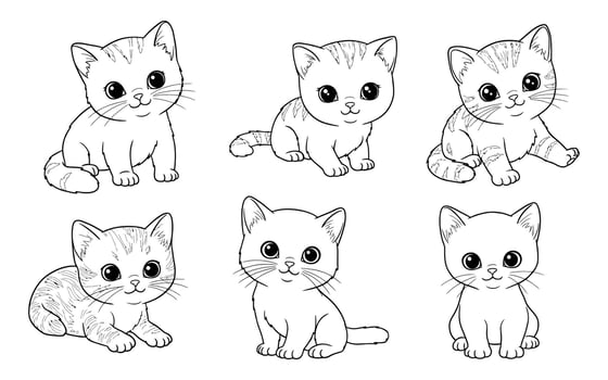 Six Cute Cartoon Cat Drawings in Black and White vector
