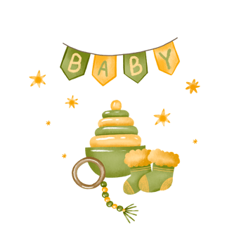 Baby card with pyramid, toy and festive flag. Newborn baby shower hand drawn watercolor style illustration on isolated background png