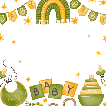 Welcome newborn card for baby shower. Gender neutral green color card. Parent and baby things, toys, nipple. Children cartoon toys. Kids illustration. Baby shower. Newborn baby care things png
