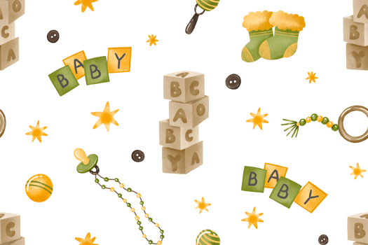 Seamless pattern with baby items. Baby abc cubes, nipple, toys, baby newborn things. Endless background png