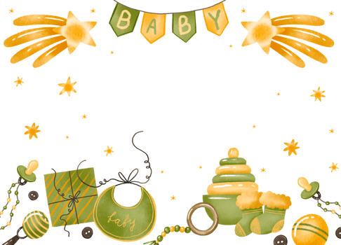 Welcome card for baby shower. Gender neutral green color card for newborn. Baby things, toys, nipple. Children cartoon toys. Kids illustration. Baby shower. Newborn baby care things png