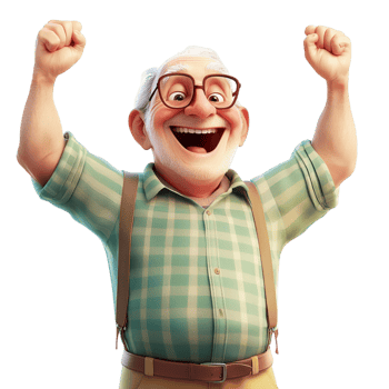 Happy elderly man glasses a green plaid shirt raising his hs in excitement png