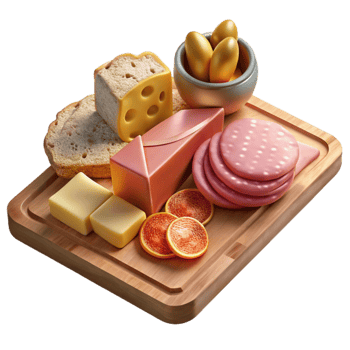 serene classic Charcuterie Board Meats Cheeses Crackers Isolated for Appetizers genuine png