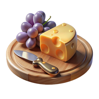 dramatic modern Cheese Board with Knife and Grapes Isolated for Wine Pairings exclusive png