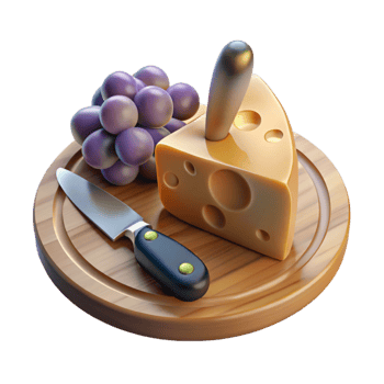 serene minimalist Cheese Board with Knife and Grapes Isolated for Wine Pairings authentic png