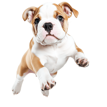 Playful bulldog puppy jumping forward its ears flopping png