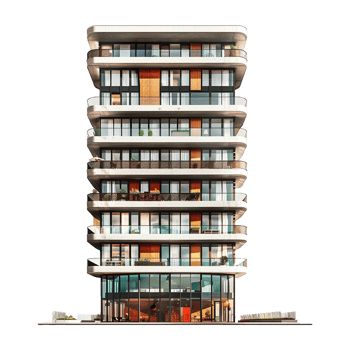 Modern Concrete Residential Highrise Building Architectural Rendering with Balconies and Large Windows png