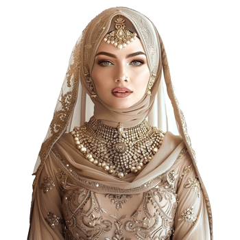 Stunning Bride in Beige Embroidered Gown and Luxurious Gold Jewelry png