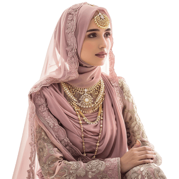 Elegant Muslim Woman in Dusty Rose Embroidered Dress and Gold Jewelry png