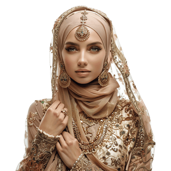Stunning Bride in Beige Embroidered Dress and Golden Jewelry png