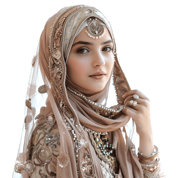 Stunning Woman in Embellished Beige Hijab and Exquisite Golden Jewelry png