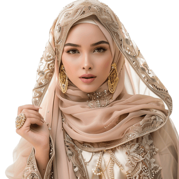 Stunning Muslim Woman in Beige and Gold Embroidered Hijab and Abaya png