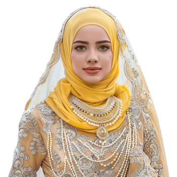Beautiful Muslim Woman in Yellow Hijab and Elegant Embroidered Dress png