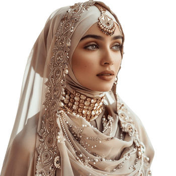 Stunning Portrait of a Woman in an Ornate Beige Hijab and Exquisite Gold Jewelry png