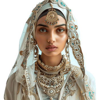 Stunning Portrait of a Woman in an Ornate, Embellished Headscarf and Luxurious Jewelry png