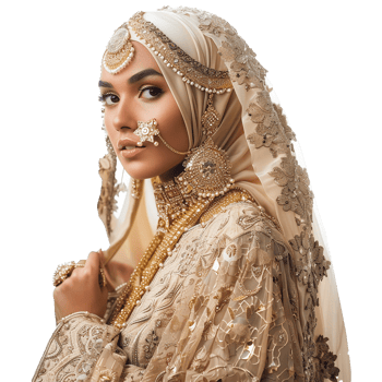 Stunning Bride in Beige Embroidered Gown and Gold Jewelry png